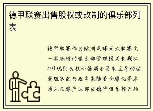德甲联赛出售股权或改制的俱乐部列表